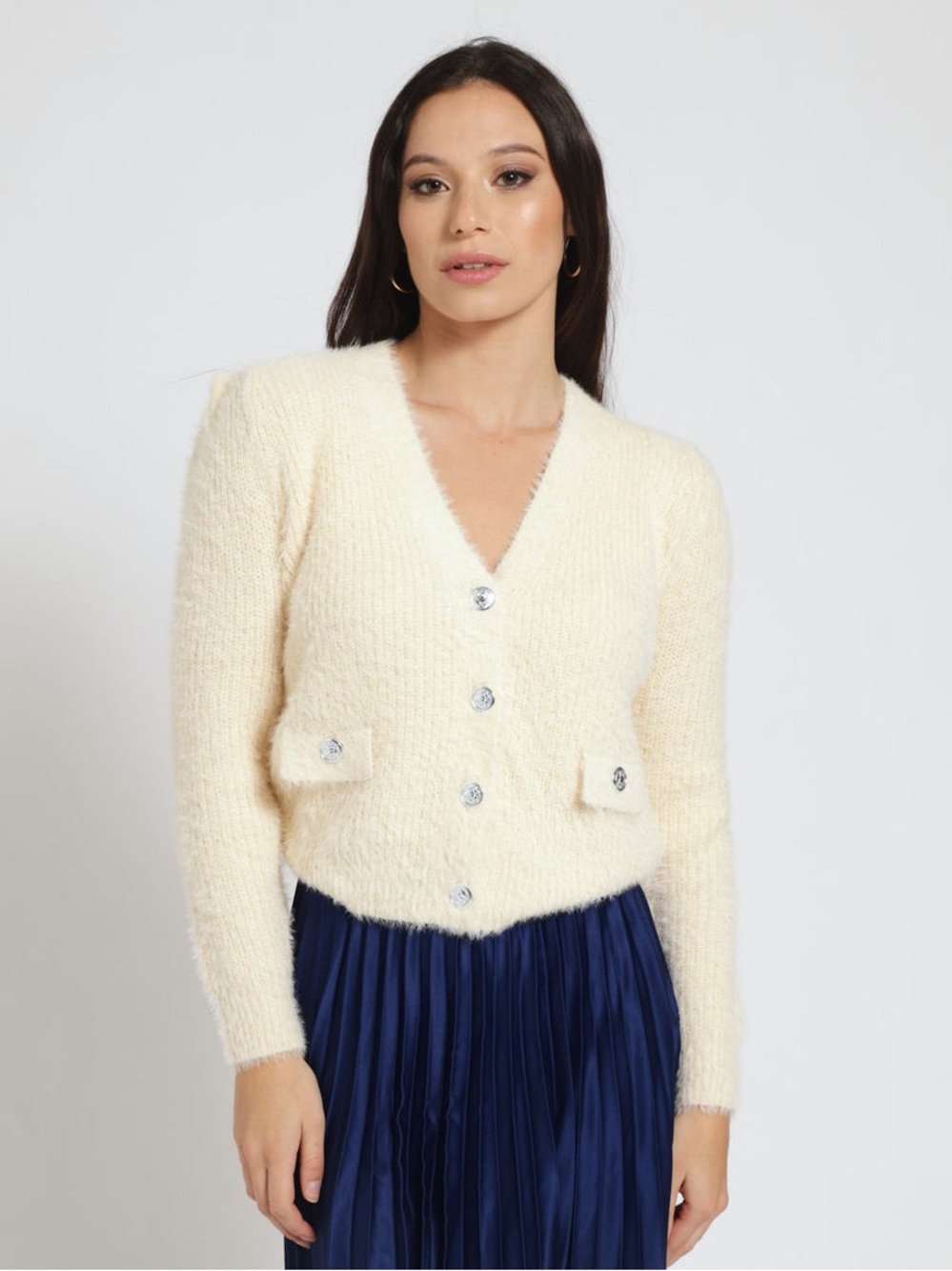 NWOT Vigoss Pale Butter Yellow Cropped Voluminous Sleeve Fuzzy Eyelash Cardigan